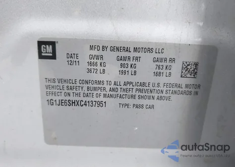 2012 Chevrolet Sonic 2Lz z USA, uszkodzony, nr VIN 1G1JE6SHXC4137951